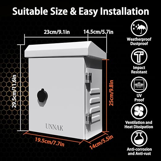 Outdoor Weatherproof Enclosure Electrical Box - 11.6x9.1x5.7 Outdoor Network Box Enclosure hinged Outdoor Galvanized Electrical Ventilation Design，Wall/Pole mounting kit (295x230x145mm)