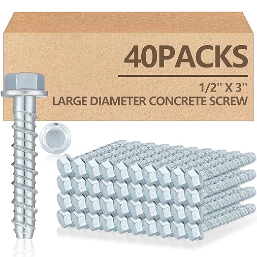 Tandefio 40 Pack 1/2" x 3" Concrete Screw Anchor Galvanized Large Diameter Heavy Duty Plated Concrete Anchors for Masonry Brick Anchoring Block Decking Framing Hex Drive