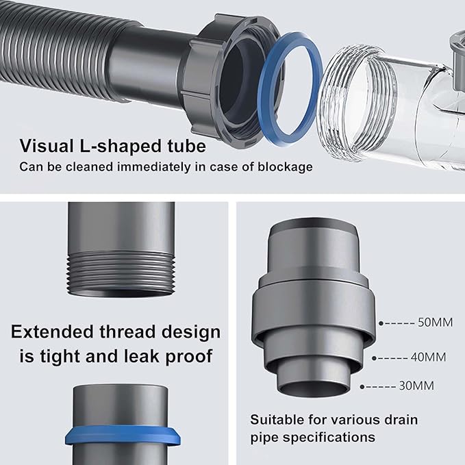 Double Sink Drain Kit Space Saving Kitchen Sink Drain Kit Expandable Flexible 1 1/2" P-Trap Pipe Comes with 4-Way Fitting Adapter For Water Filter and Dishwasher
