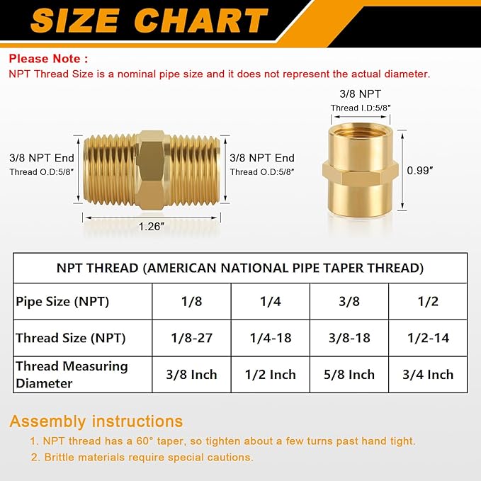 KOOTANS 12pcs Brass Pipe Fitting, NPT Hex Nipple, Coupling, 3/8" x 3/8" NPT Male Pipe, 3/8" x 3/8" NPT Female Pipe Fittings Set (6 Nipple & 6 Coupling)