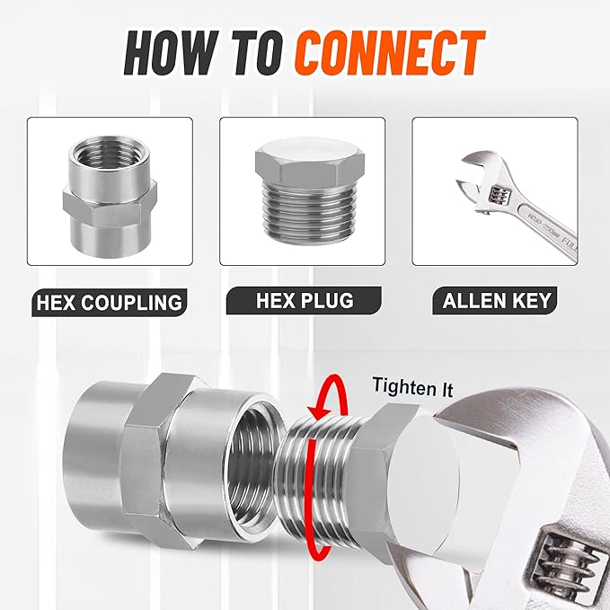 20 PCS 304 Stainless Steel Hex Pipe Plug Fittings Kits,Hex Head Plugs Fitting Assortment Kit 1/8" 1/4" 3/8" 1/2" 3/4" NTP Plugs Male Threaded