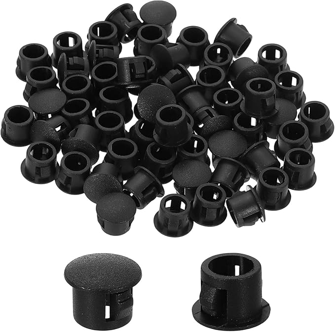 uxcell 60Pcs Plastic Hole Plugs, 8mm(5/16") Flush Type Panel Plugs, Round Snap Knockout Locking Plugs for Furniture Insert End Caps Panels, Black