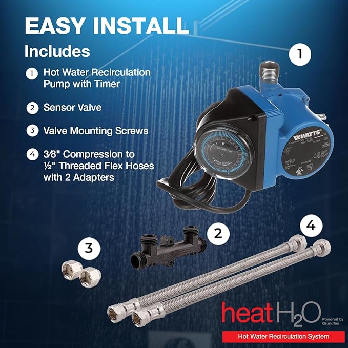 Watts Heat H2O Hot Water Recirculation System w/Programmable Timer, Instant Hot Water, 3 Year Warranty, Pump, 2 Adapters, Sensor Valve, Mounting Screws, 2 Supply Lines, Easy DIY Install (0955805)