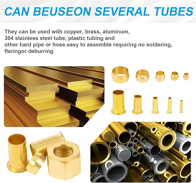 140PCS 1/4 Inch Compression Fittings Assortment kit- 60 Brass Compression Sleeve Ferrule, 60 Brass Insert & 20 Nuts - Used to Connect Lines for air,Water,Fuel,Oil and inert Gases