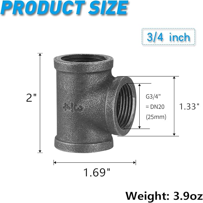 3/4" Pipe Fitting Tee, 20 Pack DN20 Gray Threaded Cast Malleable Iron Tee for Steampunk Vintage Shelf Bracket DIY Plumbing Pipe Decor Furniture (20, 3/4")