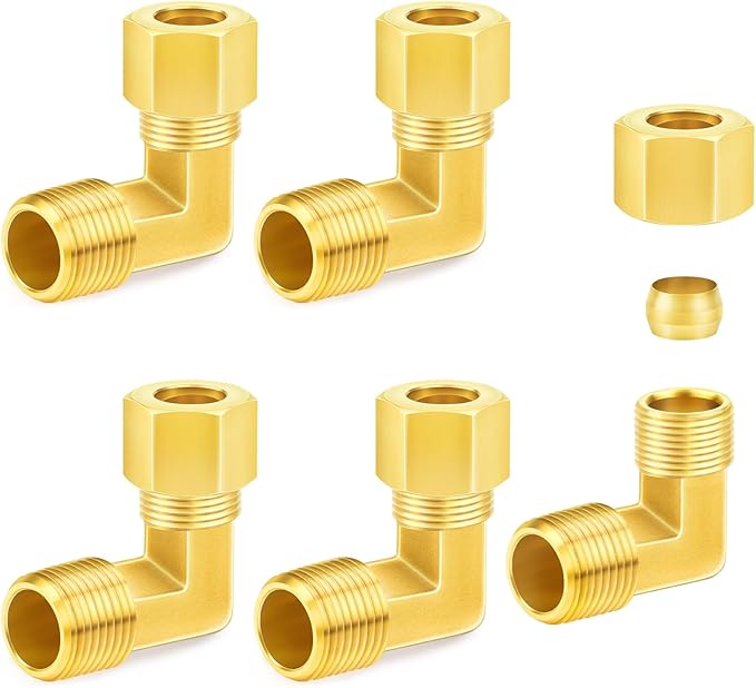 ChillWaves Brass Compression Tube Fitting, 3/8" OD x 1/4" NPT Male 90 Degree Elbow Compression Union Connector(5-PACK)