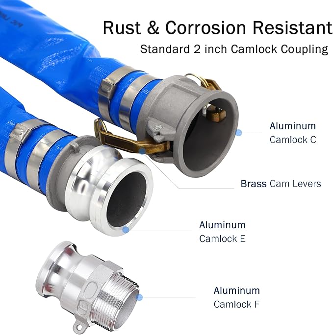 2" ID x 50 ft PVC Lay Flat Discharge Hose with Aluminum Camlock C and E Fittings, Cam Lock Fitting Type F included, Heavy Duty Reinforced Blue Backwash Pump Hoses for Swimming Drain Pools