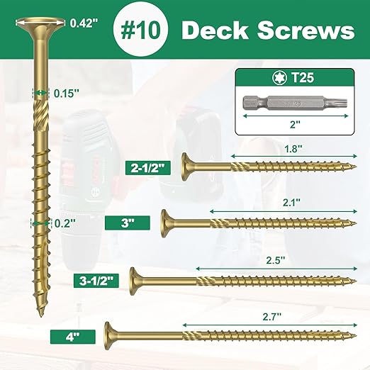 #10 x 3-1/2” Deck Screws, 108Pcs Star Drive Wood Screws, Rust Resistant Timber Screws for Timber/Log/Landscaping Wood, T25 Star Bit Included, Gold