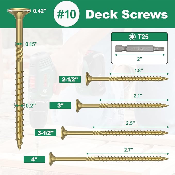 #10 x 2-1/2” Deck Screws, 108Pcs Star Drive Wood Screws, Rust Resistant Timber Screws for Timber/Log/Landscaping Wood, T25 Star Bit Included, Gold