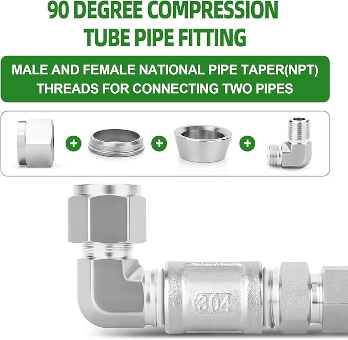 TAISHER 1PCS 316 Stainless Steel 90 Degree Compression Tube Pipe Fitting Connector, 1/2" Tube OD x 1/4" NPT Male Adapter