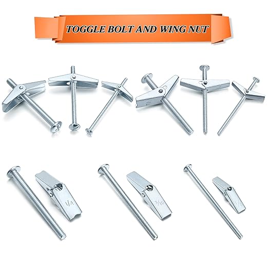 48PCS Toggle Bolt and Wing Nut Set, Hollow Wall Anchors, 1/8", 3/16", 1/4", Zinc Plated Steel Phillips Round Head Toggle Bolt and Wing Nut Assortment Kit for Hanging Heavy Items on Drywall
