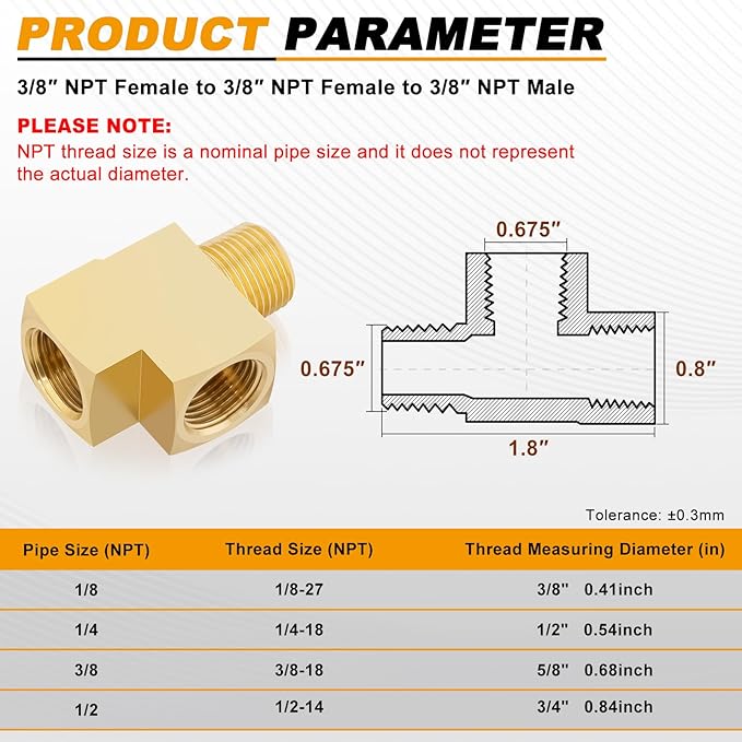 KOOTANS 4 Pack Brass Tee Fittings 3/8" NPT Female to 3/8" NPT Female to 3/8" NPT Male Barstock Street Tee Fittings 3 Way Brass Pipe Fitting