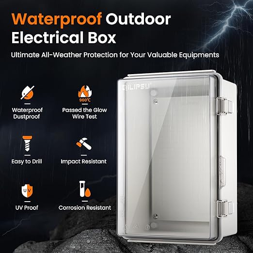 QILIPSU UL94-V0 Outdoor WiFi Enclosure 13.8"x9.9"x5.9" Waterproof Electrical Junction Box PC/ABS Alloy Plastic Clear Hinged Door IP66 Weatherproof for Project Solar Network Router Pump Control