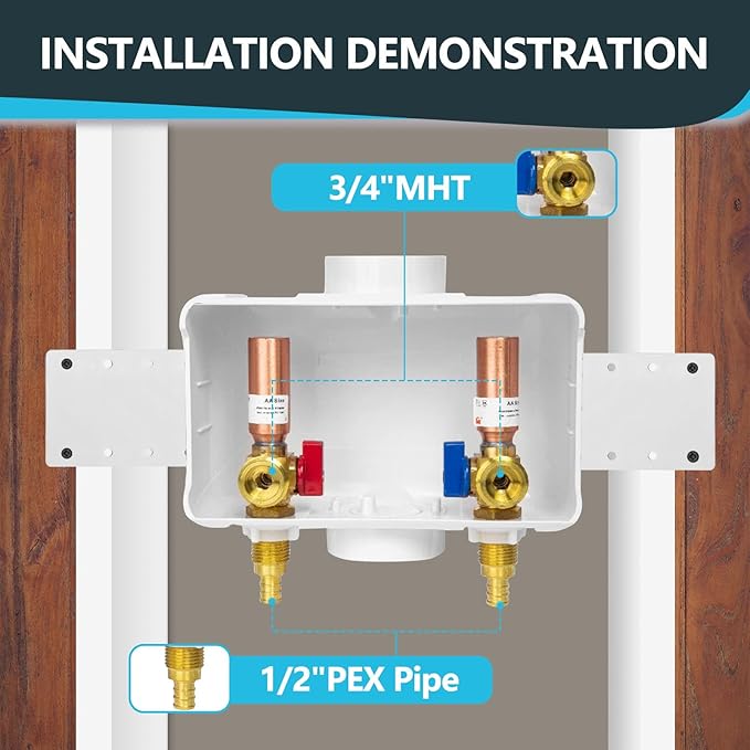 Washing Machine Outlet Box, Center Drain, 1/2 Inch Pex Crimp Inlet x 3/4 Inch MHT Outlet Connection, with Copper Water Hammer Arrestor (Pack of 50)