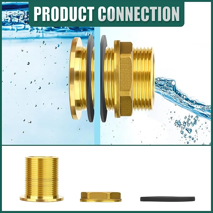 Brass Water Tank Connector Bulkhead Tank Fitting, 1-1/2" NPT Female 2" NPT Male, with Rubber Ring, for water towers/water inlet/outlet/various pipes/fittings,etc.