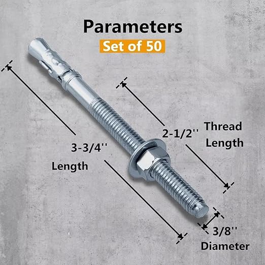 Party Animals 3/8 x 3-3/4 Inch Wedge Anchor, 50 PCs Zinc-Plated Industrial Anchor Bolts for Cement, Concrete