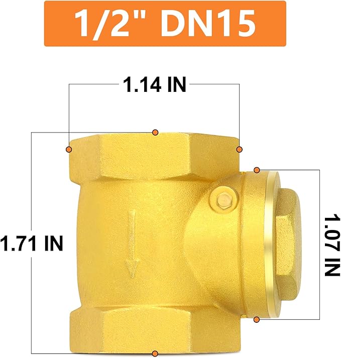 GASHER Brass Swing Check Valve 1/2" Female Thread, Backflow Prevention, One Way Check Valves for Sump Pump and Air Compressor (2Pack)