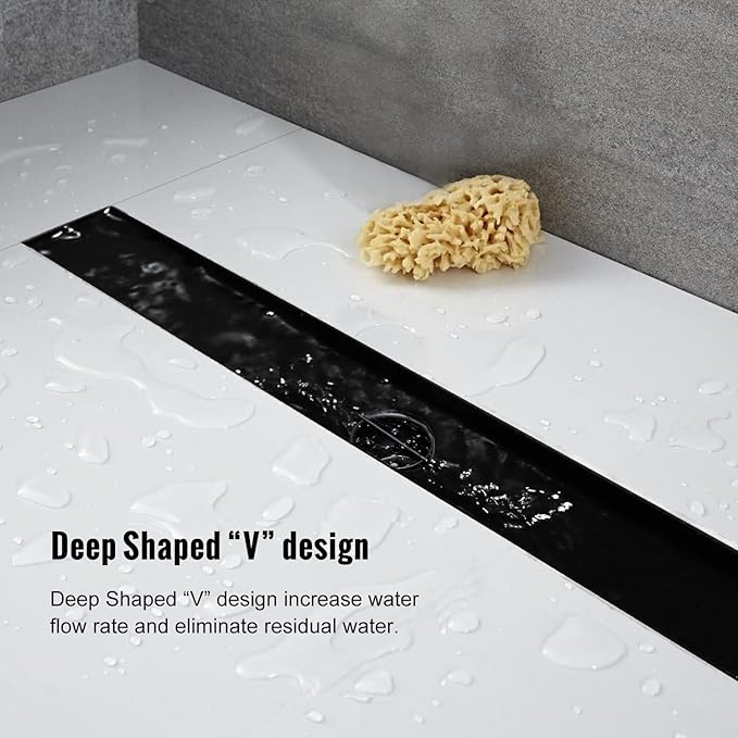 Linear Shower Drain, 28 inch Black Drain with Removable Grate Cover, Brushed 304 Stainless Steel Shower Floor Drain, Linear Drain with Hair Strainer and Adjustable Feet