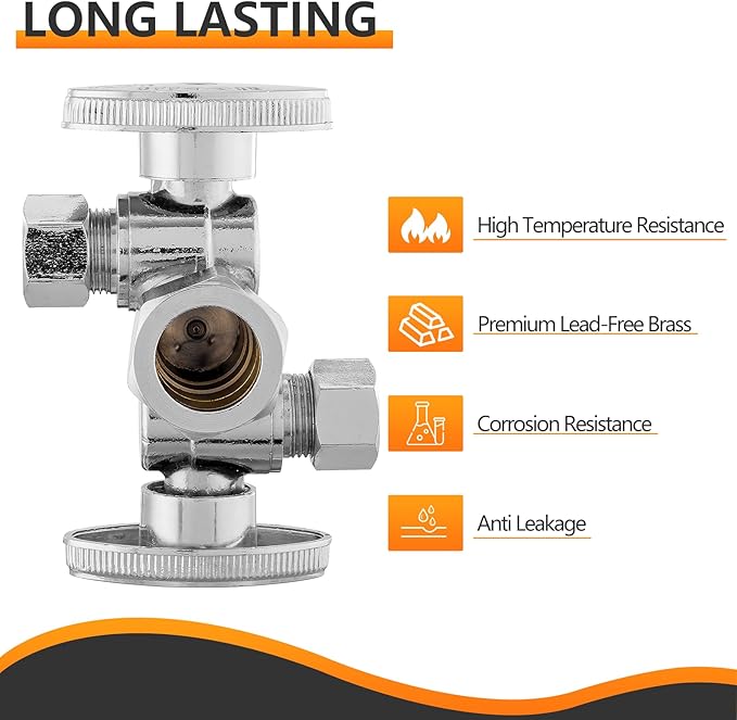 1-PC HeSun Dual Shut Off Angle Valve, 1/2" Nominal (5/8"OD) x 3/8" OD x 3/8" OD Compression, 1/4-Turn Stop Valve with 2 Shut Offs, PEX Chrome Plated Brass(VALVE134)
