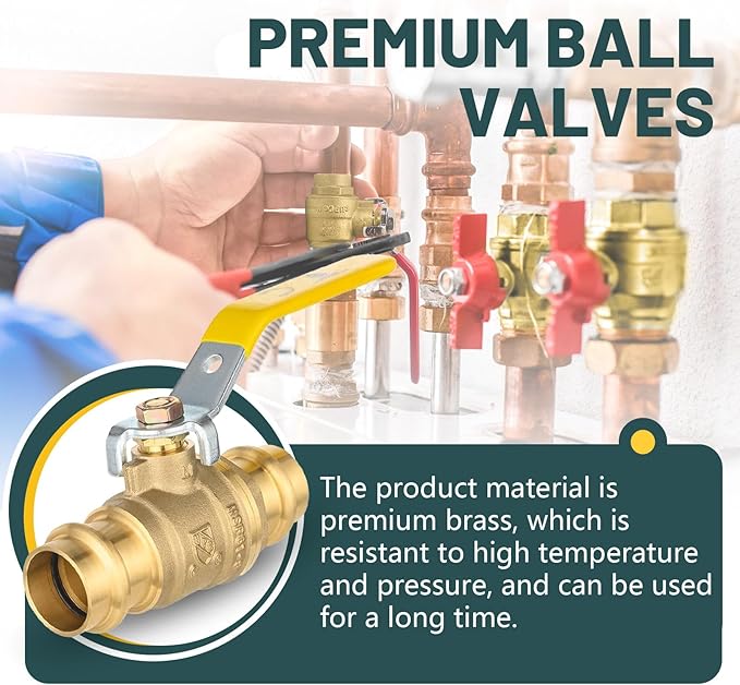 3/4" Press Ball Valve, 2 Pack Shut Off Valves with EPDM O-ring, Quarter Turn Brass Full Port Shut Off Ball Valve for Hot and Cold Water, NSF/ANSI 61 Certified