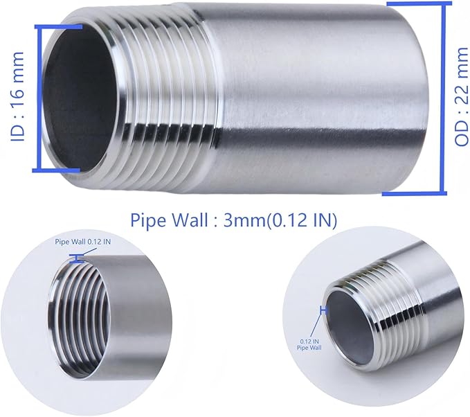CONSTELLAR 304 Stainless Steel Pipe Fitting - 1/2" NPT Male x 1/2" NPT Female Threaded Thickened Pipe Wall, 100mm (4 inch) Length Heavy Nipple Seamless Pipe (1 Pcs)