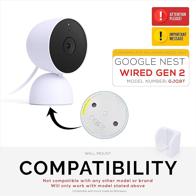 Wall Mount for Google Nest Wired 2nd Generation Security Camera - Adhesive & Screw-in, Easy Slot-in Design (White) by Brainwavz
