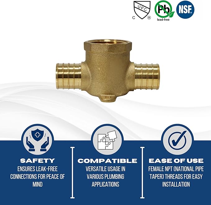 XFITTING Barb Crimp Pex 1 inch x 1 inch x 1 inch Female NPT Tee, Pex Female NPT Tee, 26-2-7=10XX, 10 Pieces