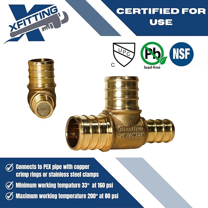 XFITTING 3/4 inch x 1/2 inch x 3/4 inch Pex Tee, Pex B Reducing Tee Crimp Version 25-1-3=100X, 100 Pieces