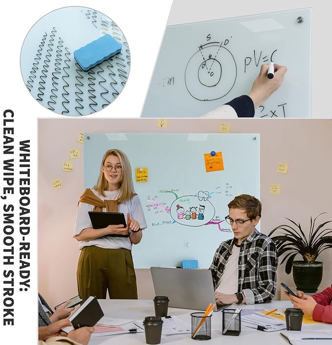 Magnetic Glass Dry Erase White Board Whiteboard Glass Writeboard 40"x60" Tempered Glass Dry Erase Board Wall Mounted Frameless Writing GlassBoard for Office School Home (White)