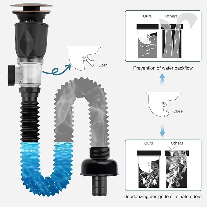 iFealClear Bathroom Sink Drain Kit, Flexible P-Trap Drain Pipe with Pop Up Stopper, Sink Pipe Replacement with 2 Adapters, Fit 1-1/4'', 1-1/2'', 2” Holes, Big Cap, Brass Bounce Core, Oil Rubbed Bronze