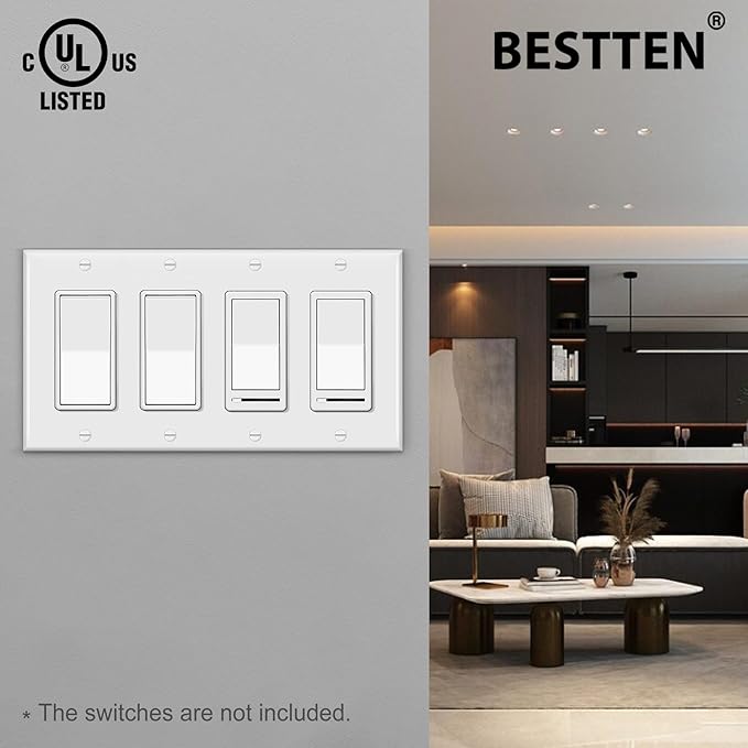 [2 Pack] BESTTEN 4 Gang Decor Wall Plate, Standard Size Unbreakable Polycarbonate Outlet and Switch Cover, H4.53” x W8.23”, UL Listed, White