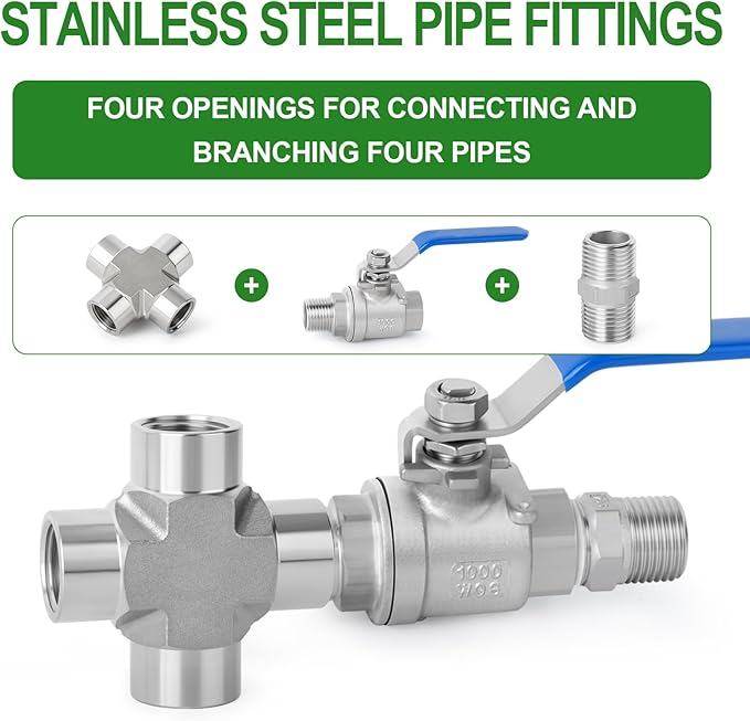 TAISHER 1PCS Forging of 316L Stainless Steel 4 Way Pipe Fittings, 1/2" x 1/2" x 1/2" x 1/2" NPT Female Pipe Fittings