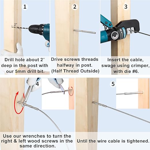 Steel DN Mate 20 Pack T316 Stainless Steel Right&Left Handed Thread Swage Lag Screws for Wood Post of 1/8" Steel Cable Railing Kit, Cable Railing Hardware, DIY Wood Baluster, Wrench Included DM10