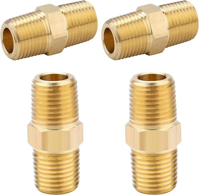4PCS Hex Nipple 1/4"NPT x 1/4" NPT Male Solid Brass Pipe Fitting, 1/4 inch Brass nipple Male Threaded Pipe Adapter Fittings Equal Nipples Connectors Couplings