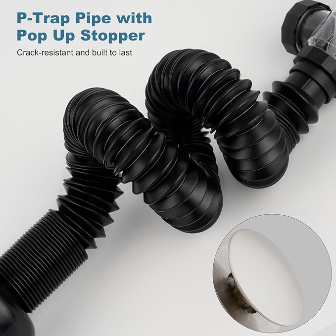iFealClear Bathroom Sink Drain Kit, Flexible P-Trap Drain Pipe with Pop Up Stopper, Sink Pipe Replacement with 2 Adapters, Fits 1-1/4'', 1-1/2'', 2" Holes, Large Cover Cap, Brushed Nickel