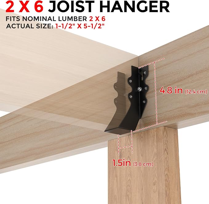 50Pcs Black 2x6 Joist Hangers for Wood,18 Gauge Metal Face Mount Joist Hanger,Lu26 Joist Hangers Powder Coating,Hurricane Ties for Rafter,Rafter Brackets 2x6 for Deck,Floor,Roof Overhang,Ceiling Joist