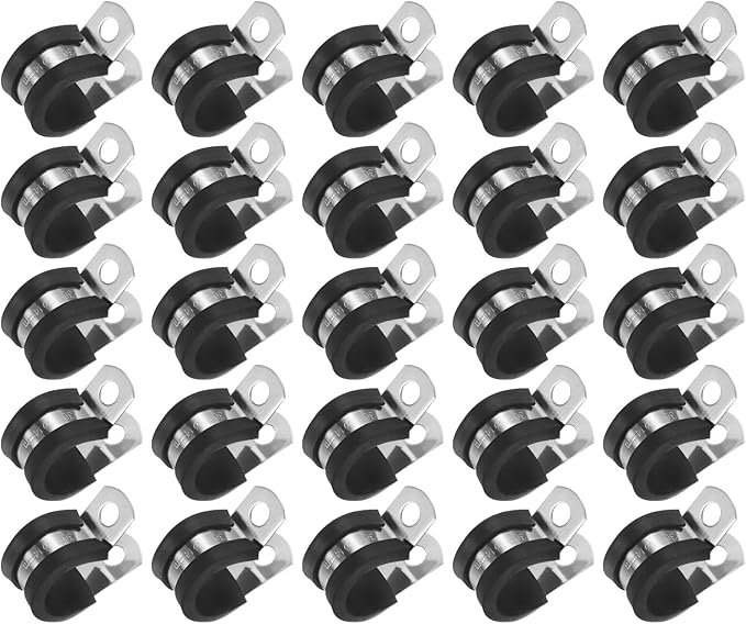 25-Pack Cable Clamps, 9/16 Inch/ 14 mm 304 Stainless Steel Rubber Cushioned Insulated Cable Clamp R Shape Metal Holder for Tube/Wire/Pipe/Loop Installation