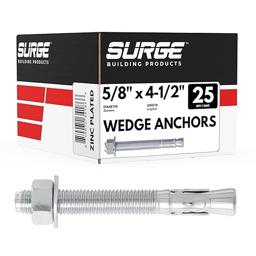 5/8 x 4-1/2" Zinc-Plated Wedge Anchors for Concrete and Cement | Heavy-Duty 5/8 Concrete Anchors (Box of 25)