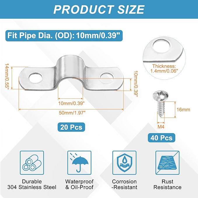 uxcell 20Pcs 10mm(3/8") Two Hole Rigid Pipe Strap, 304 Stainless Steel Conduit Clamp Thicken U Bracket Heavy Duty Pipe Clamp with Self-Tapping Screws for Fixing Tube Cable, Silver