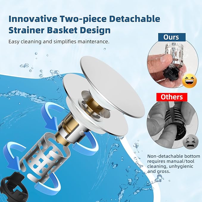 Hibbent 2 Pack Upgraded 3 in 1 Bathroom Sink Drain Strainer, Pop Up Sink Stopper with Big Push Cap, Anti-Clogging Metal Filter Basket,Sink Plug with Hair Catcher for 1.1''~2.36'' Basin, Chrome