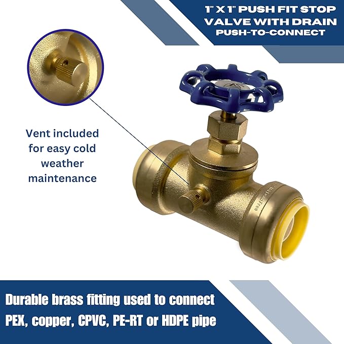 XFITTING 1 inch Push Fit Stop Valve with Drain and Vent, Push to Connect Brass Plumbing Fitting, Pex Pipe, Copper, CPVC, PE-RT, HDPE, 2-5-3=2, 2 Pieces