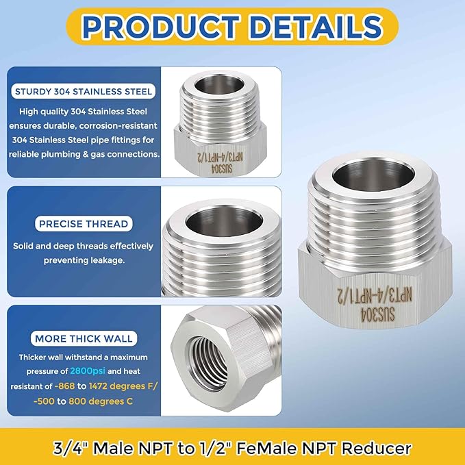 2 Pack 304 Stainless Steel Pipe Fittings, 3/4" MNPT to 1/2" FNPT Hex Bushing Reducer, Hose Tube Threaded Adapters for Air, Oil, LP, Gas