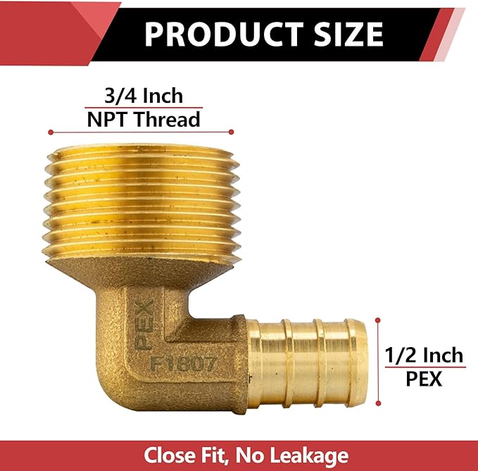 (Pack of 10) EFIELD Barb Crimp Pex 1/2"x3/4" Male Threaded NPT Elbow Brass Fittings, ASTM F1807,(PEX1807103)