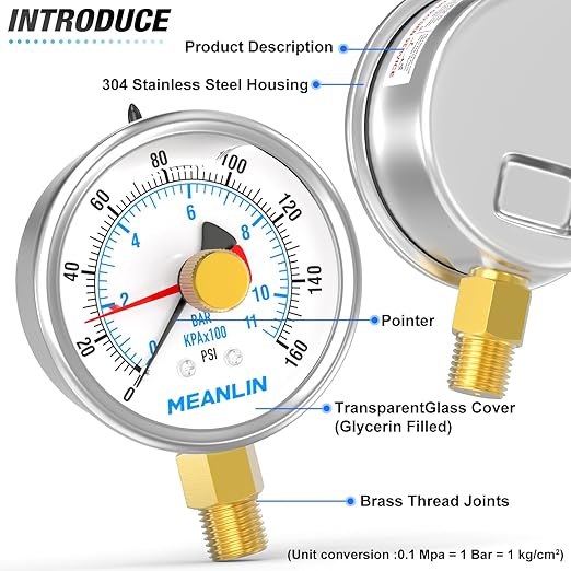 MEANLIN MEASURE 0~160Psi Stainless Steel 1/4" NPT 2.5" FACE DIAL with Reset Pointer Liquid Filled Pressure Gauge WOG Water Oil Air, Lower Mount, with 1/8" x 1/4" NPT and 1/8" x 3/8" NPT Hex Bushing