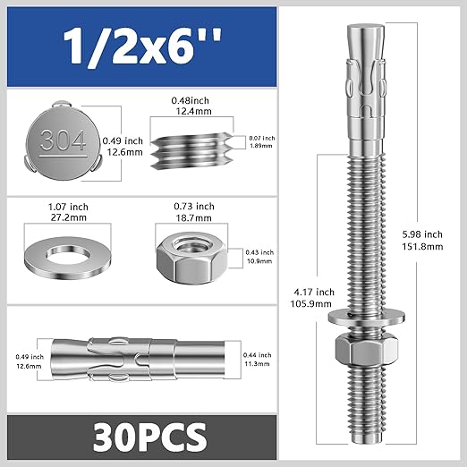 30Pcs 1/2x6 Inch Standard Fasteners for Heavy-Duty 304 Stainless Steel Wedge Anchors for Cement and Concrete