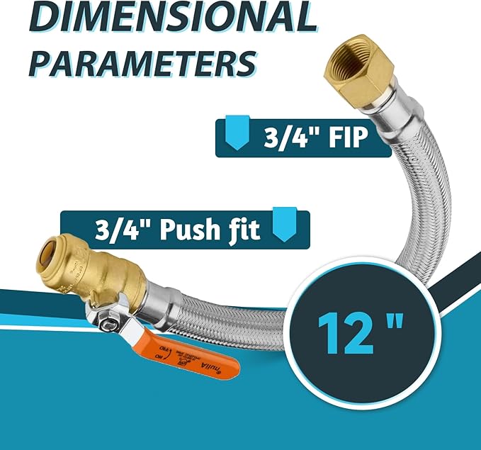 (20 Pack) Seelink 12-Inch Stainless Steel Flexible Heater Hose, 3/4 Inch Push-fit Ball Valve x 3/4 Inch FIP, Push-to-Connect for Copper, PEX, and CPVC