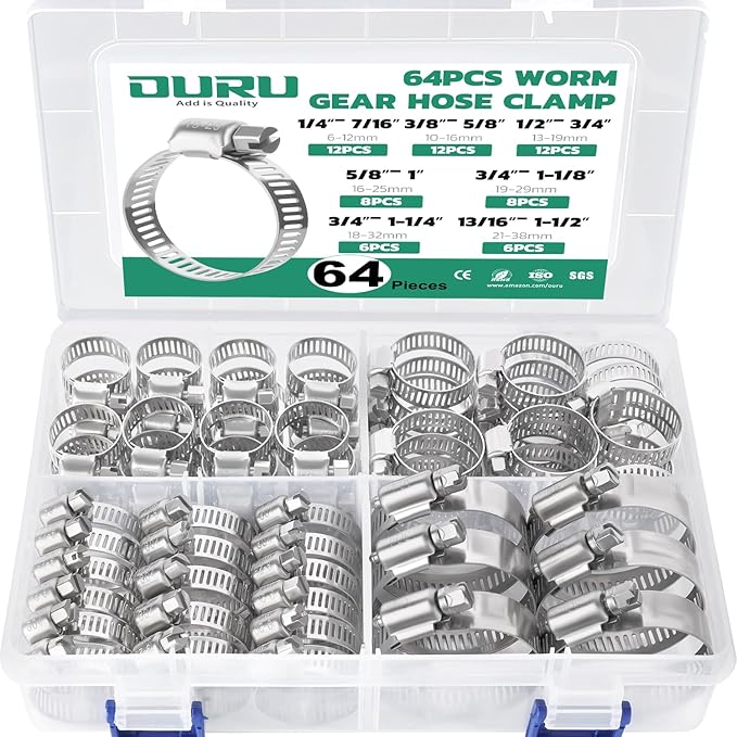 64PCS Hose Clamps Stainless Steel Assortment Adjustable 1/4"-1-1/2"(6-38mm) Worm Gear Hose Clamp, Heavy Duty Metal Small Hose Clamps for Automotive, Pipe, Radiator Plumbing, Fuel Line