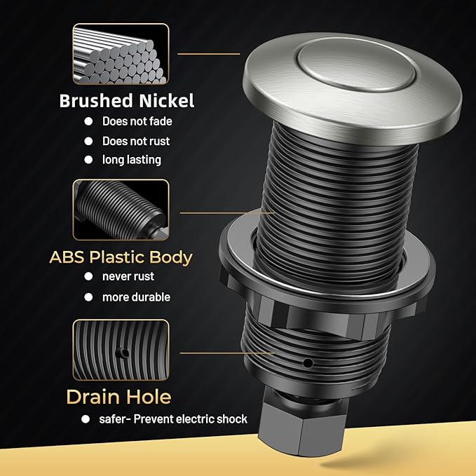 Garbage Disposal Air Switch Kit – UL Listed Professional Wireless Sink Top Button in Brushed Nickel, Compatible with Moen, Kohler, and Delta Faucets