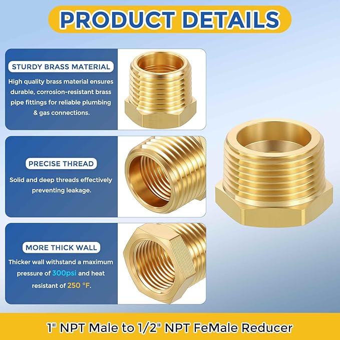 2 Pack Brass Pipe Fittings, 1" NPT Male to 1/2" NPT FeMale Brass Hex Bushing Reducer, Hose Tube Threaded Adapter for Air, Oil, LP