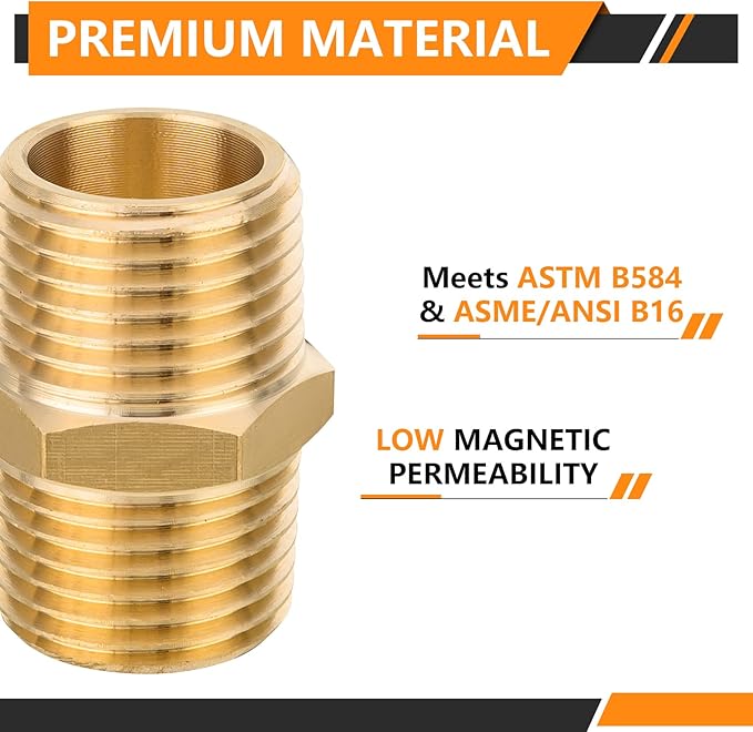 100-PCs HeSun Brass Hex Nipple Pipe Fitting, 1/2" NPT Male x 1/2" NPT Male Nipple Pipe Adapter(NPT013-100)